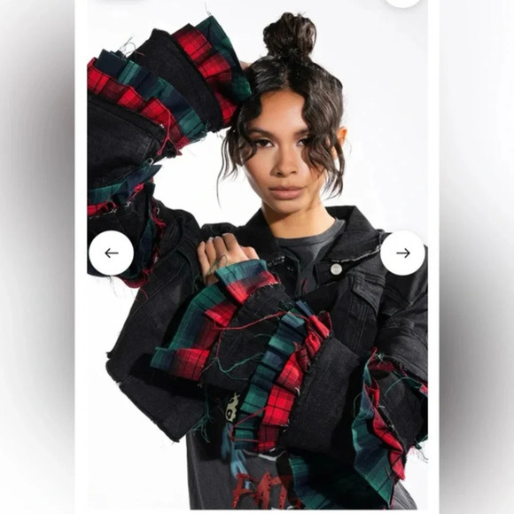 🖤❤️ AKIRA FLOGGY‎ MOLLY PLAID EXTRAVAGANT DENIM JACKET SIZE SMALL - Picture 2 of 16